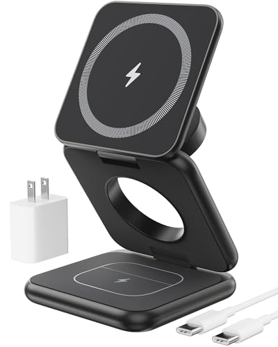 Foldable Magnetic Wireless Charger, KU XIU X40 Aluminum Alloy 3 in 1 Charging Station for Apple, Fast Charging Travel Charger for iPhone 17 16 15 14 13 12, 5W for Apple Watch & AirPods, Black - color: Black