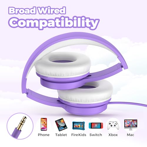 TuneFlux Upgraded Kids Headphones, Wired Toddler Headphones, 85dB Limited Volume On Ear Headphones, Portable Foldable Design, Stereo Sound Kids Headsets for School/Tablet/Travel-Purple - color: Purple