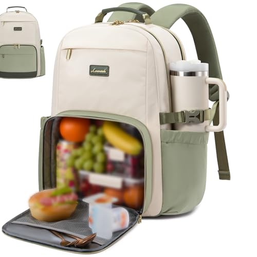 LOVEVOOK Lunch Backpack with Lunch Compartment,17 Inch Laptop Work Travel Insulated Cooler Backpack,Waterproof College Teacher Lunch Bag Box,Gifts for Men Women,White-Bean Green-Dark Olive Green - color: White - Bean Green - Dark Olive Green, size: 17-Lun