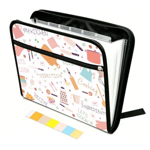 WEBEEDY Cooking Patterns Expanding File Folder 13 Pockets Kitchen Utensils Accordion Folder File Organizer with Labels and Zipper, Portable Document Organiser for A4 Paper Photo Receipt Paperwork - color: Cooking Motifs