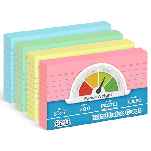Chell Pastel Colors Ruled Index Cards 3x5 Heavyweight, 200 Count | 65 lb. Cover Weight, Ruled Front and Blank Back, Easy Writing, Not Easy to Penetrate Ink - color: Pastel, size: 3"x5"