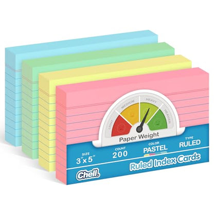 Chell Pastel Colors Ruled Index Cards 3x5 Heavyweight, 200 Count | 65 lb. Cover Weight, Ruled Front and Blank Back, Easy Writing, Not Easy to Penetrate Ink - color: Pastel, size: 3"x5"