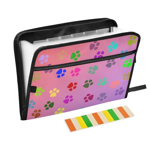 Dog Paw Print Accordion Folder Letter A4 Paper Document Colorful 13 Pocket Expanding File Folder with Zipper and Labels Accordion Lie Keeper for Letter Size/A4 Paper - color: Dog Paw Print Colorful