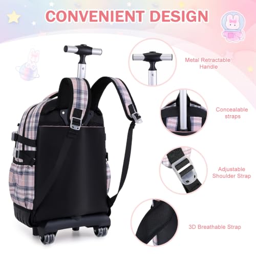 FIXITOK Rolling Backpack for Girls, Kawaii Bunny Roller Wheels School Backpacks with Lunch Bag Pencil case, Wheeled Suitcase Bookbag for Elementary Travel Plaid-Blackpink - color: Plaid-blackpink