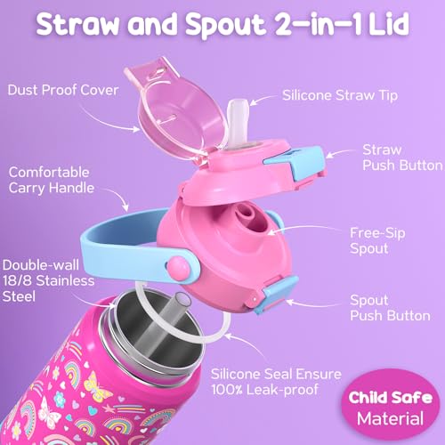 Kids Insulated Water Bottle with Pop-Open Straw & Spout 2-in-1 Lid, 18oz Leak Proof 18/8 Stainless Steel Vacuum Tumbler, BPA-Free Kids Cup For Travel School Boys Girls Toddler, Rainbow & Mermaid - color: A3.Rainbow+Mermaid, size: 18 Ounces