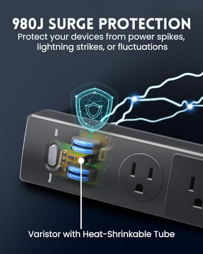 PLUGTUL Desk Clamp Power Strip 6FT, Outlet Station with 3 Outlets, PD 20W Fast Charging, Flat Plug, 14 Gauge, 980J Surge Protector, Black Power Strip with USB C, Fit 1.72" Tabletop Edge - size: 6FT