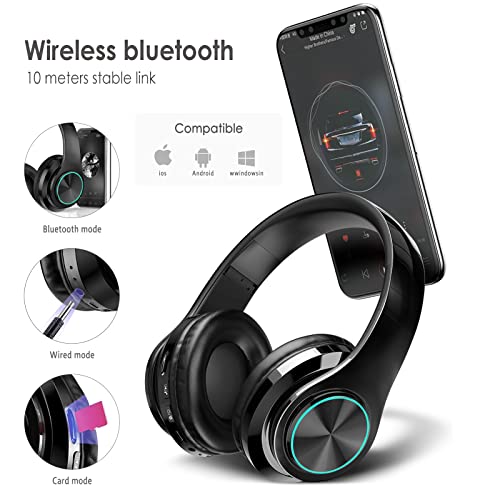 2022 Wireless Bluetooth Headphones,Colorful LED Lights Comfort Over Ear Foldable Headset with Built-in Microphone,FM,SD Card Slot,Wired for School/Tablet Computer/PC/TV/Cellphones/Travel - color: Black