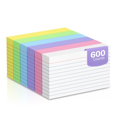 600 Count Colored Index Cards 3 x 5 Inch Ruled Index Cards, Flash Cards College Ruled for School, College, Office and Home Organization, Durable Study To Do List Note Cards with Ruled Lines - color: Multi-Color - 600 Counts