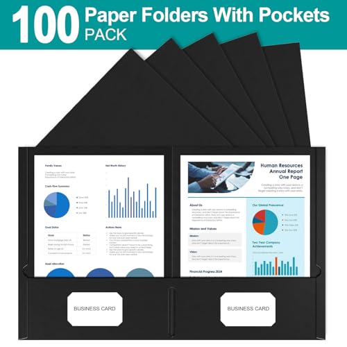 HABGP Two Pocket Folders, 100 Pack 2 Pocket Folders Fit Letter Size Paper, Black Paper File Folders with Pockets for School Office Home Business - size: 100 Pack