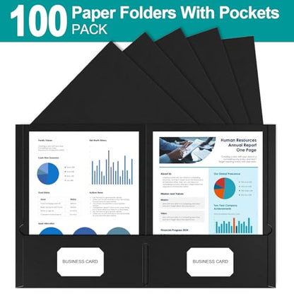 HABGP Two Pocket Folders, 100 Pack 2 Pocket Folders Fit Letter Size Paper, Black Paper File Folders with Pockets for School Office Home Business - size: 100 Pack