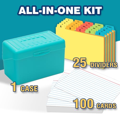 H4D 4x6 Index Card Holder with 100 Index Cards and 25 Dividers, Teal | 4x6 Inch Plastic Box, Heavyweight 4x6 Index Cards, Plastic 4x6 Index Card Dividers, Snap Closure Lid - color: Teal, size: 4"x6"