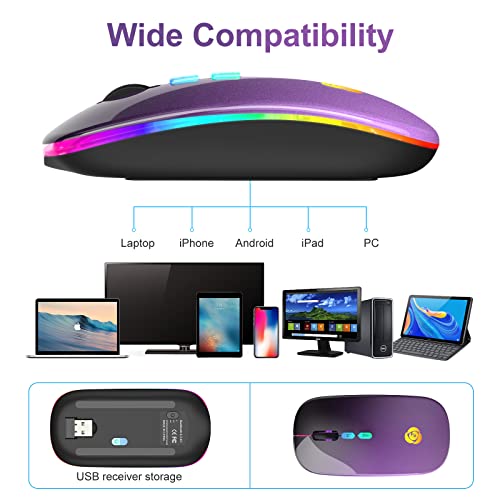 LED Wireless Mouse, Bluetooth Mouse &2.4GHz Instant Connection,Rechargeable Ultra Silent Slim,3 DPI 2 Connection Modes with USB-C to USB Adapter for Laptop/MacBook/PC/Tablet/iPad (Black-purple) | Bluetooth mouse with 2.4GHz USB receiver, silent slim desig