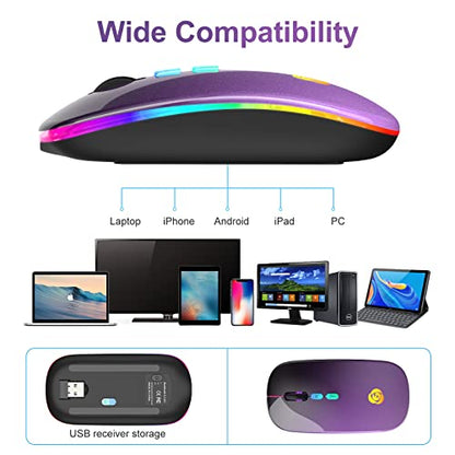 LED Wireless Mouse, Bluetooth Mouse &2.4GHz Instant Connection,Rechargeable Ultra Silent Slim,3 DPI 2 Connection Modes with USB-C to USB Adapter for Laptop/MacBook/PC/Tablet/iPad (Black-purple) | Bluetooth mouse with 2.4GHz USB receiver, silent slim desig
