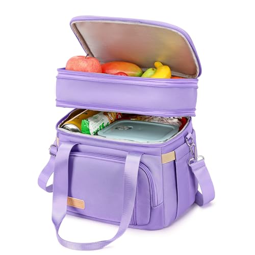 MAPLELILY Lunch Box for Men Women - Double Deck Insulated Lunch Bag, Large Leak Proof Tote Cooler, Wide Open Dual Compartment Lunch Bags with Shoulder Strap, For Work Picnic Hiking Beach, Purple - color: Purple