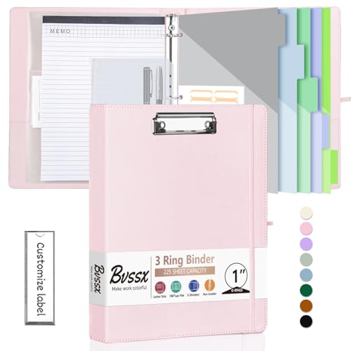 3 Ring Binder with Clipboard,1 Inch Binders with Notepad&5 Dividers with Pockets, Labels,PU Clipboards for School Office(Pink,Letter Size) - color: Pink, size: Letter Size - 1 Inch