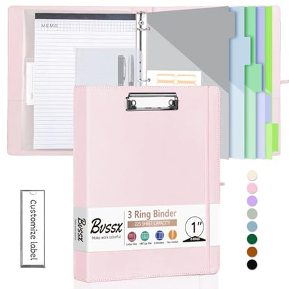 3 Ring Binder with Clipboard,1 Inch Binders with Notepad&5 Dividers with Pockets, Labels,PU Clipboards for School Office(Pink,Letter Size) - color: Pink, size: Letter Size - 1 Inch