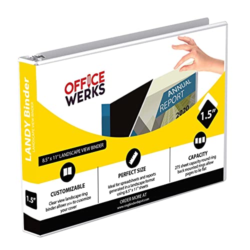 8.5" X 11" Landscape View Binder, 3-Ring 1.5 Inch Capacity Round Ring, White Horizontal Formatted with Clear Cover Pockets for Documents, Spreadsheets, Projects and More - size: 1.5 Inch