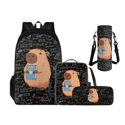 Capybara Backpacks for Boys with Lunch Box Pencil Case and Water Bottle Holder 4 PCS Set, 3rd Grade Boys Backpack Bookbag Accessories Sets for Kids Back to School Multifunctional Use - color: Cool Capybara