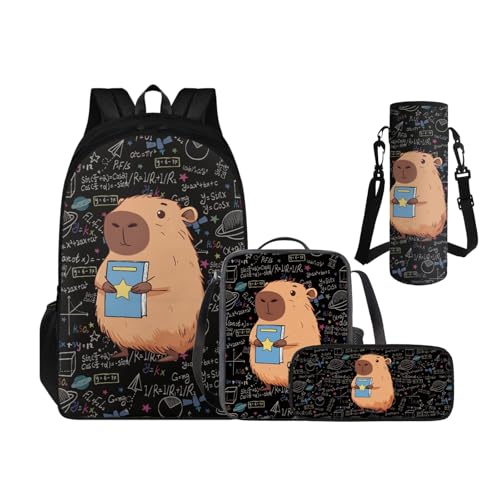 Capybara Backpacks for Boys with Lunch Box Pencil Case and Water Bottle Holder 4 PCS Set, 3rd Grade Boys Backpack Bookbag Accessories Sets for Kids Back to School Multifunctional Use - color: Cool Capybara