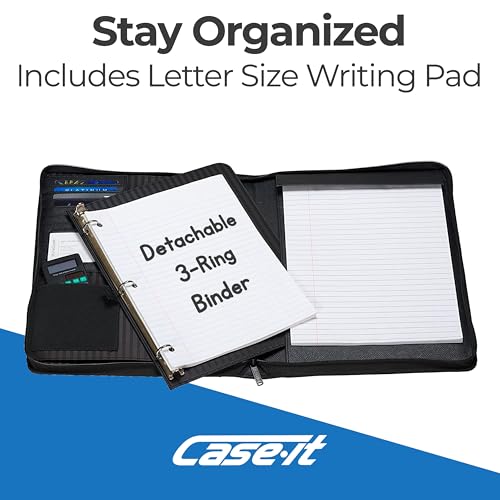 Case-it Zipper Padfolio | Letter Size | 3-Ring Binder | PAD-40 Black | Executive, Removable 3-Ring Binder, Letter Size Writing Pad, Pebbled Faux Leather, School & Office - color: Pad-40-black, size: 1 Pack