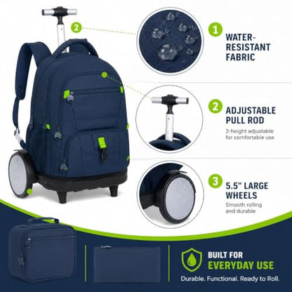 CCJPX 3Pcs Men & Boys Rolling Backpack with Bigger Wheels, Extra-Large Wheeled Bookbag with Lunch Box, Water Resistant Roller Luggage for Travel, Work, College (Blue) - color: Blue(upgrade Large Wheel)