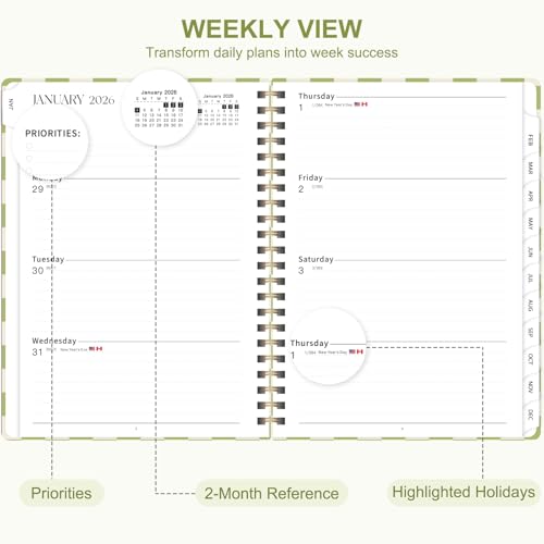 2026 Planner, Weekly and Monthly Calendar Academic Planning Book, Jan 2026 - Dec 2026, Agenda Calendar Planner for Office Supplies and Desk Accessories - A5 (6.3" x 8.5") - color: A-Green Grid
