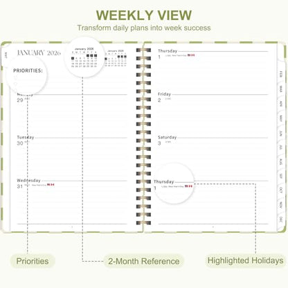 2026 Planner, Weekly and Monthly Calendar Academic Planning Book, Jan 2026 - Dec 2026, Agenda Calendar Planner for Office Supplies and Desk Accessories - A5 (6.3" x 8.5") - color: A-Green Grid