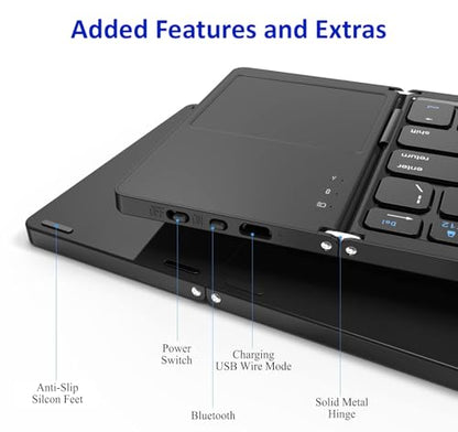 Slim Foldable Wireless Keyboard Compatible with OnePlus Open with TOUCHPAD Mouse Fully Universal Providing 48H Use, 560 Days Standby, Portable, Compact, Tri-Fold, Rechargeable!