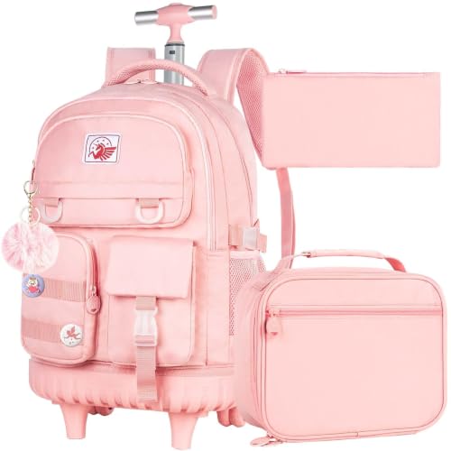 WZLVO Rolling Backpack for Girls Women, 21 inch Water Resistant Roller Wheels Backpacks, Wheeled Bookbag with Lunch Bag for Teen Elementary School Travel - Pink - color: Pink