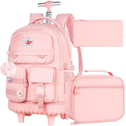 WZLVO Rolling Backpack for Girls Women, 21 inch Water Resistant Roller Wheels Backpacks, Wheeled Bookbag with Lunch Bag for Teen Elementary School Travel - Pink - color: Pink