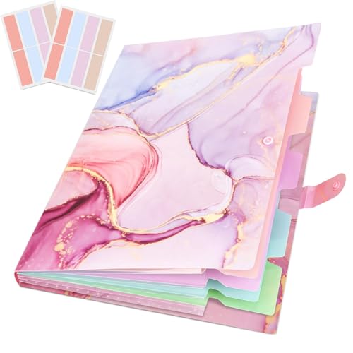 Expanding File Folder, Aesthetic Folders for School, Accordion File Organizer, Aesthetic Folder with Labels,5 Pockets Important Document Folders for School Office Home(Pink Gold) - color: Pink Gold Marble