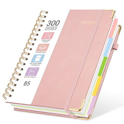 Hardcover Spiral Journal Notebook, 300 Pages 5 Subject Notebook College Ruled with Removable Dividers Tabs, 8" x 10" Notebooks for Work, Spiral Ruled Lined Writing Journal, Hardcover Leather Notebook for School (Pink, 8''x 10'') - color: Pink