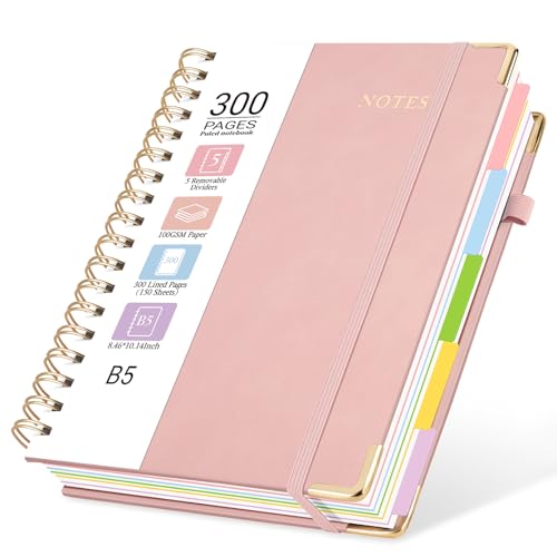 Hardcover Spiral Journal Notebook, 300 Pages 5 Subject Notebook College Ruled with Removable Dividers Tabs, 8" x 10" Notebooks for Work, Spiral Ruled Lined Writing Journal, Hardcover Leather Notebook for School (Pink, 8''x 10'') - color: Pink