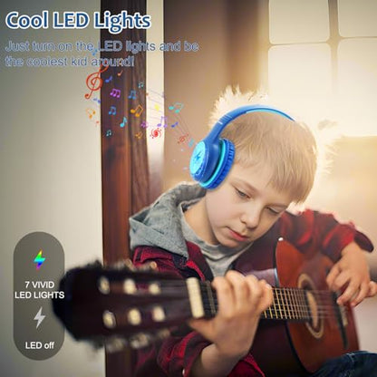 Voopwink 마이크가 있는 아동용 헤드폰, USB 타입 C 헤드폰, 어린이 여아 남아용 코드/LED 조명/85/94dB 볼륨 제한, 학교/여행/태블릿/아이패드용 휴대용 오버 이어 헤드폰 - color: 블루.