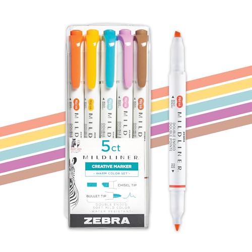 Zebra Pen Mildliner Dual-Tip Highlighter Set, Broad and Fine Point Tips, No Bleed, Ideal for Bible Highlighting, Journaling, Note-Taking and School Supplies, Assorted Warm Ink Colors, 5-Pack (78305) - color: Warm