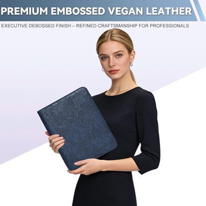 Leathario Portfolio Binder, Includes 5 Sheet Protectors and a Pen, 13 Inch Tablets Organizer, Vegan Leather A4 Padfolio, Multi-Pocket Notepad Business Planner Professional Document - color: Relief Blue