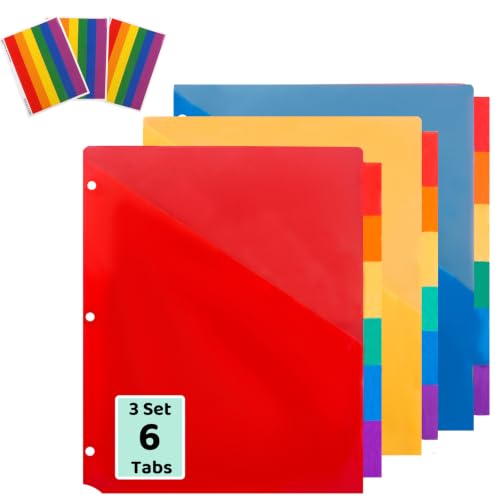 Binder Dividers with Tabs and Pockets, 18PCS/3 Sets in 6-Tab | Colorful 3 Hole Plastic Binder Dividers with Index Tags for Student, Teacher, Office, Home, Letter Size - color: 3 Sets in 6-tab 1 Pocket