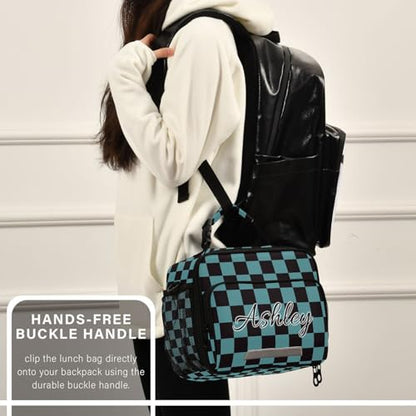 Custom Student Lunch Bag for Boys Girls Teal Black Checkered Personalized Lunch Box With Name Insulated Cooler Bag for School Picnic Travel - color: Multi03