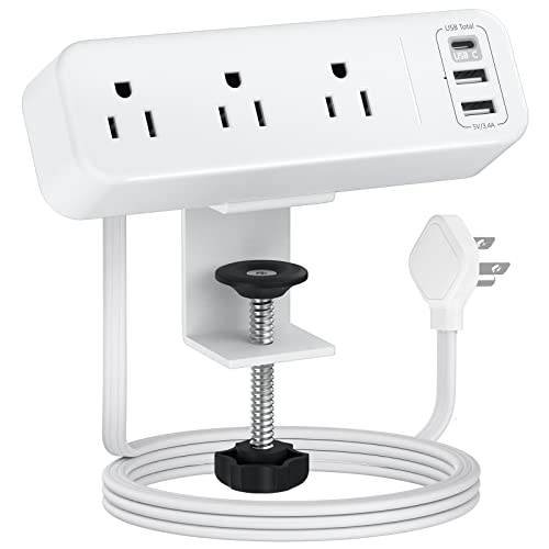 3 Outlet Desk Clamp Power Strip, 6.5 ft Extension Cord, Flat Plug | Power Strip with USB C, Desktop Edge, Desk Mount Clamp Socket, for 1.6 inch Tables, White - color: White