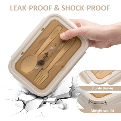 LOVINA Bento Box for Adults and Kids - 1400ML Portable, Lightweight, Easy to Carry Meal Holder with Spoon & Fork, Durable, Leak-Proof, BPA-Free and Food-Safe Materials - color: Khaki