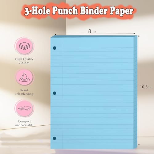 Loose Leaf Paper, 300 Sheets, Wide Ruled, 8" x 10.5", 6 Pack, 70gsm Notebook Paper Filler Sheets, 3 Hole Punched, 50 Sheets/Pack, Wide Ruled Office Filler Writing Notepads for 3 Ring Binder, Blue - color: Blue