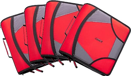 Case-it King Sized Zip Tab School Zipper Binder | 4-Inch D-Rings, 800 Sheet Capacity, 5-Subject Expanding File Folder, Multiple Pockets & Storage Organizer, Shoulder Strap|D-186 Fire Engine Red|4 Pack