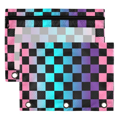 Rainbow Buffalo Plaid Binder Pouches 3 Ring for Boys Girls School Office College Supplies Purple Chessboard Pink Aqua Pencil Pouches Case Bag with Clear Window and Zipper 2 Pack - color: Purple