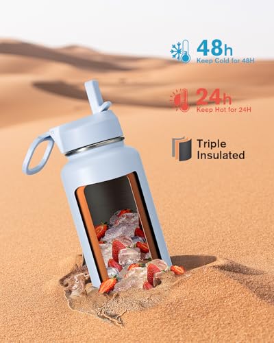Coolflask 32 oz Water Bottle Insulated with Straw & 3 Leakproof Lids | Water Flask Stainless Steel Triple-Wall Vacuum,Cold 52+h, Dishwasher Safe,Wide Mouth,BPA-Free,Carrier Bag,for Gym,Hiking - color: Light Blue, size: 32 Ounces