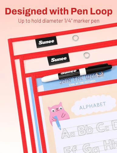 SUNEE 6 Packs Oversized Reusable Dry Erase Pocket Sleeves with Ring, Red 10x14 Ticket Holders, Clear Plastic Sheet Protectors, Teacher School Classroom Supplies - color: Red, style: 6 Pack