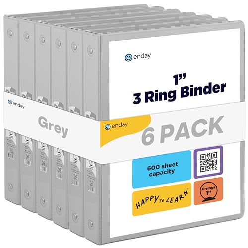 Enday 1 Inch Binder (6 Pack - Grey) 3 Ring Binder 1 inch with Clear View Cover and 2 Inside Pocket - for Letter Size 8.5 x 11'' Paper, Ideal for School Supplies, Office, and Home - color: Grey, size: 1-Inch
