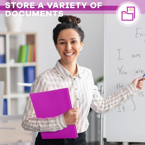 Henoyso 48 Pcs Plastic Folder with Clear Front Pocket and 3 Prongs Heavy Duty Plastic Folders with Card Slot Pocket Folders with Prongs for School Office Home(Neon Purple) - color: Neon Purple