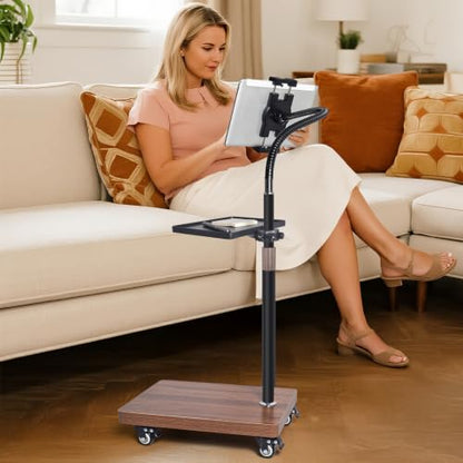 Rolling Tablet Holder Stand Adjustable Height & 360° Rotatable | 6.6LB Wood Base Mobile Tablet Mount, for Bed, Couch, Workout, Compatible with iPad Pro/Air/Mini, Phone (4.7-13")