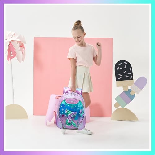 Backpack for Girls Elementary Preschool Kids Lunch Box for School - color: Mermaid Purple