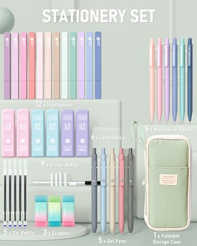 Four Candies School Supplies with Cute Pen Case, 39ct Green | Back to School Stationery Set, Essentials for College & Nursing Students, 5 Gel Pens, 6 Mechanical Pencils, 12 Highlighters - color: Green, size: 39 Count (Pack of 1)